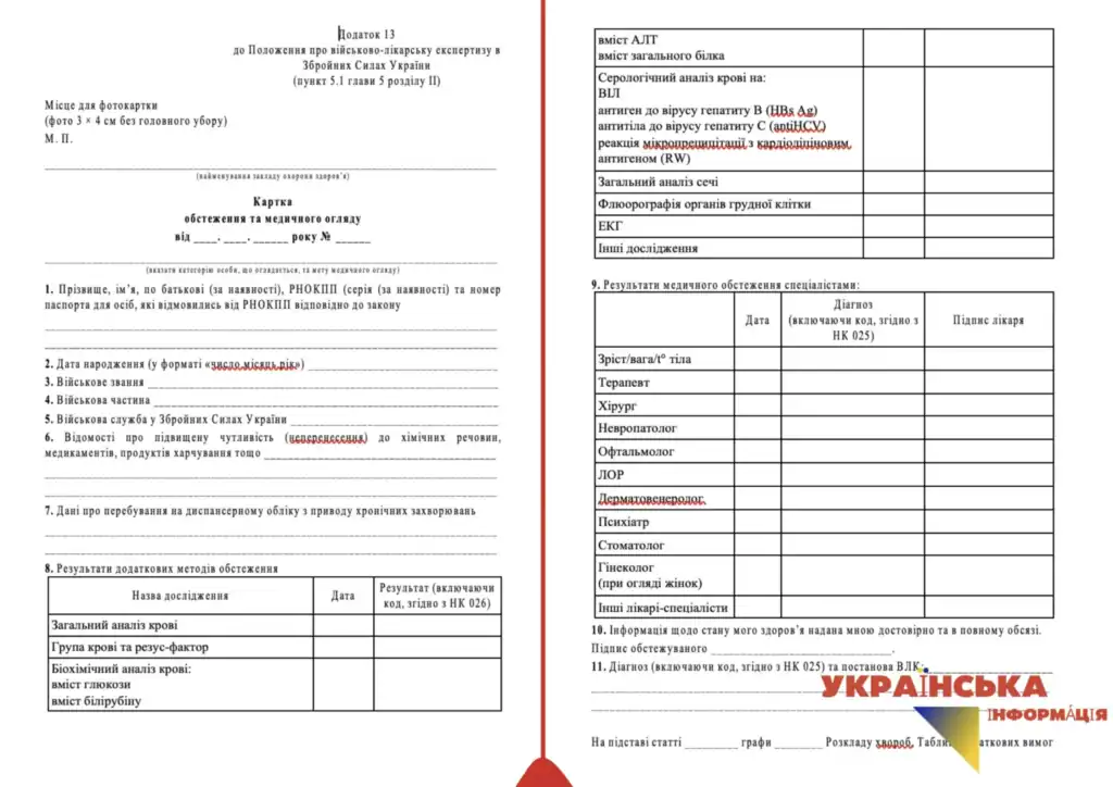 бланк Карточки обследования и медицинского осмотра, предоставляемый военнообязанным при прохождении ими ВЛК 