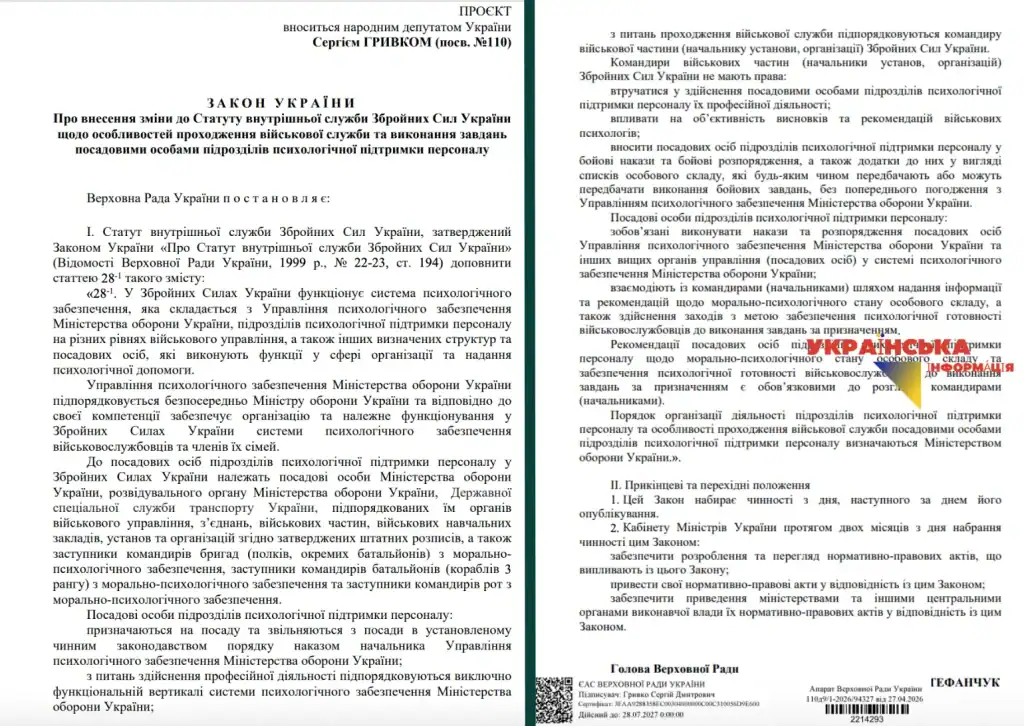 Законопроєкт №15208 від 28.04.2026 про заборону залучення підрозділів психологічної підтримки до участі в бойових діях