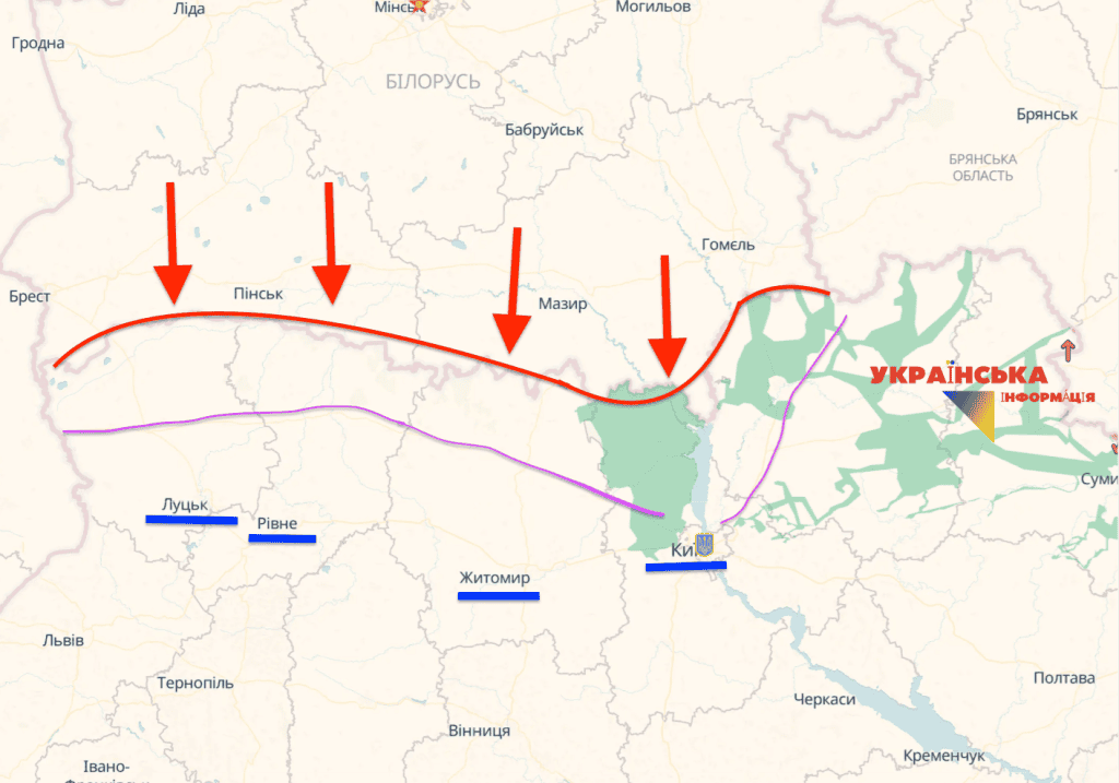 На фото: Зображено області що знаходяться під загрозою наступу з території Білорусі. 