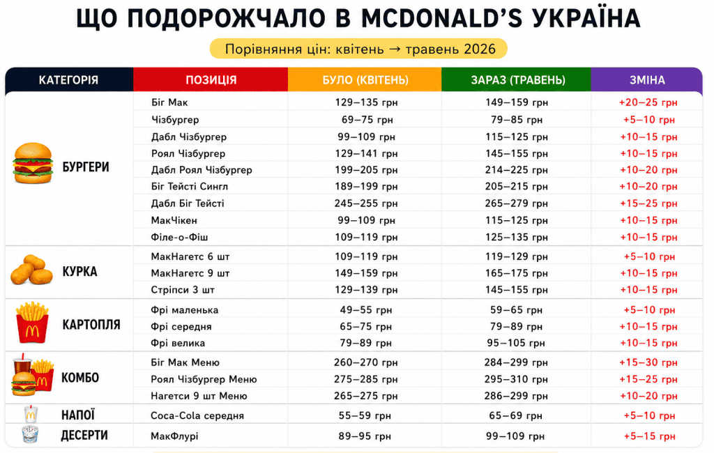 як зросли ціни на позиції в меню МакДональдз 