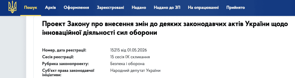 До ВР подано новий Законопроєкт 15215 від 01.05.2026 про фінансування інновацій у сфері оборони