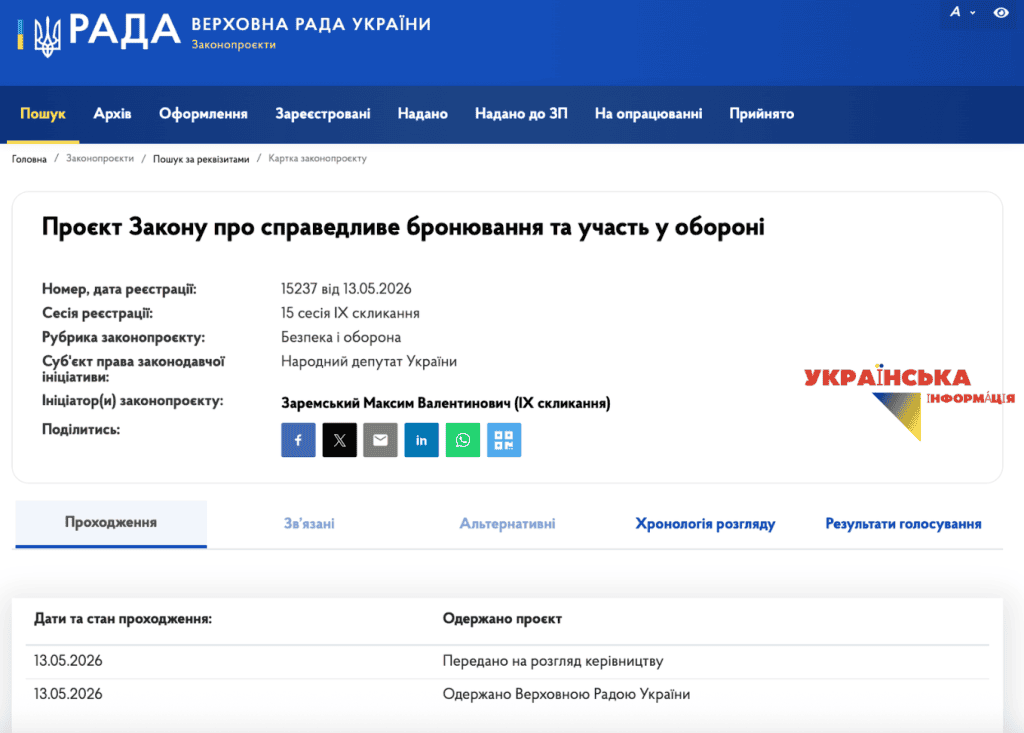 картка Проєкту Закону про справедливе бронювання та участь у обороні №15237