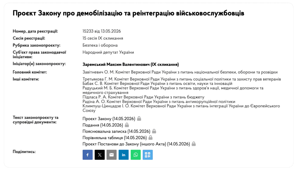 На фото: картка законопроєкту №15233 від 13.05.2026