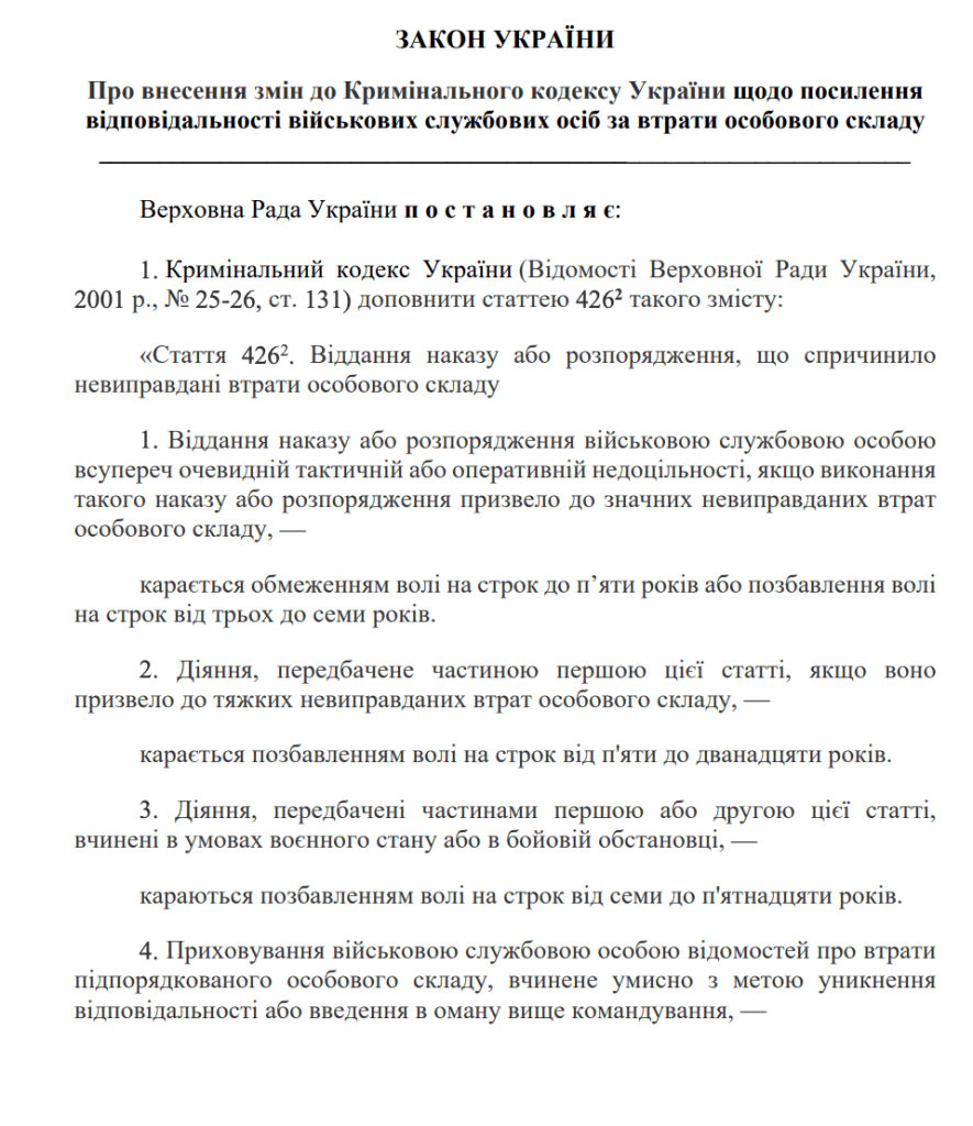 перша сторінка з законопроєкту №15365 від 29.06.2026 про кримінальну відповідальність для командирів за втрату особового складу