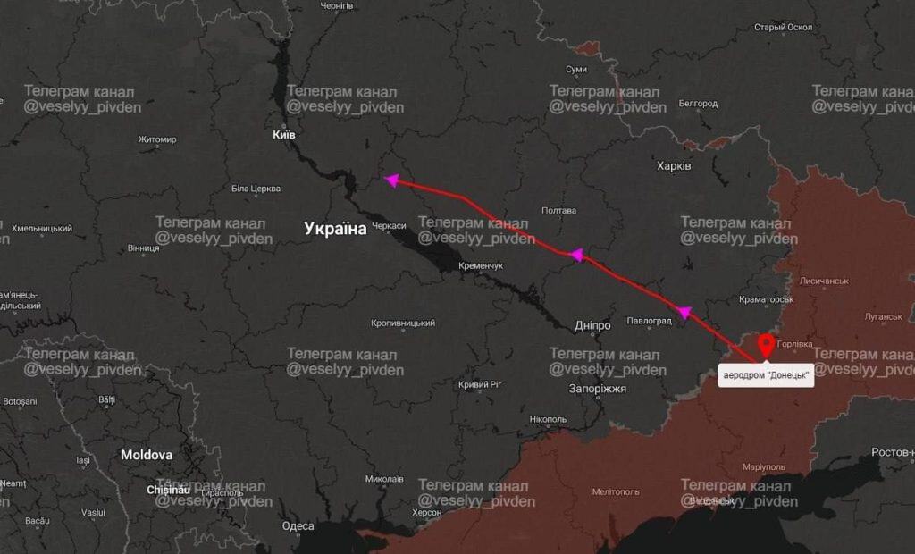 На фото новий маршут реактивних БПЛА які були запущені по Києву та області 28 липня 2026 року у