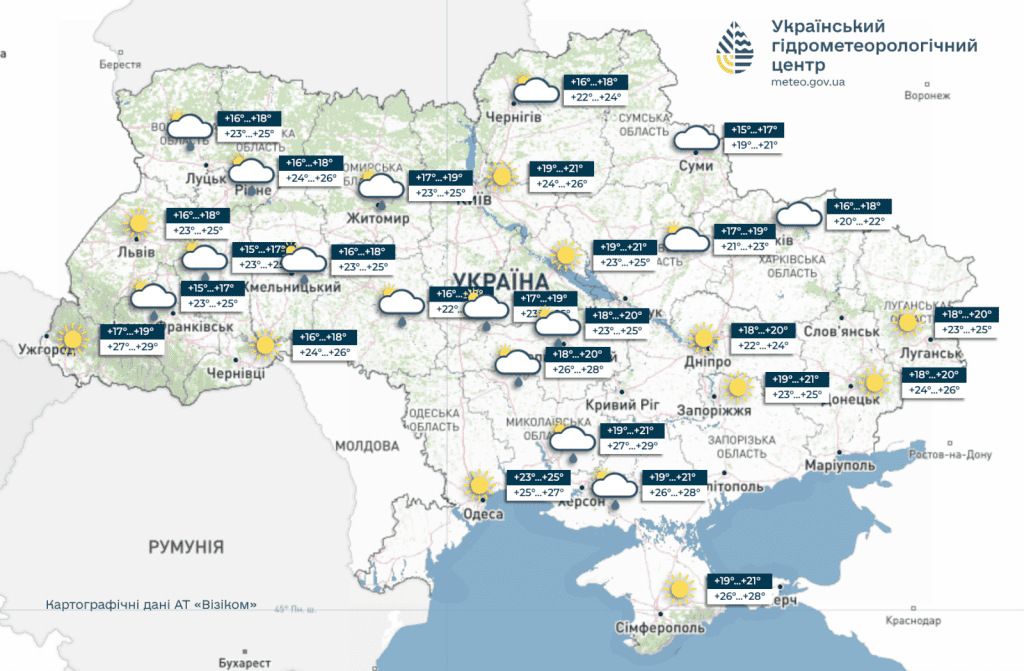 прогноз погоди за даними Української державної метео служби - на другий кінець липня по всіх областях України (Київ, Львів, Одеса, Харків, Вінниця і т.д.