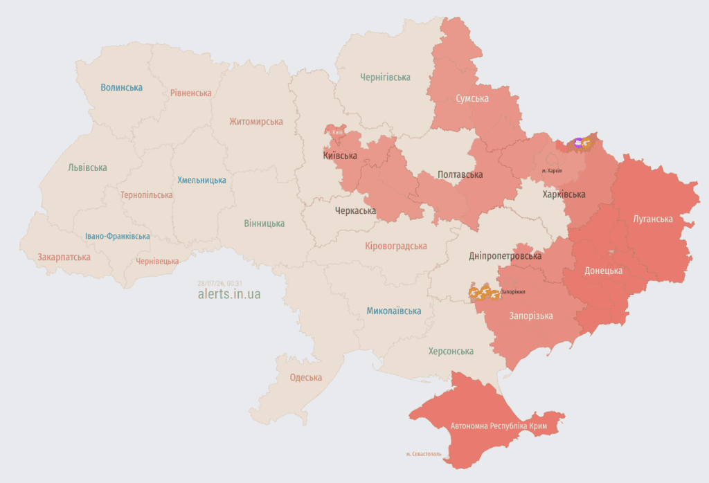 Карта повітряної тривоги 28.07.2026 об 00:14 оголошена Загроза балістики з Брянська