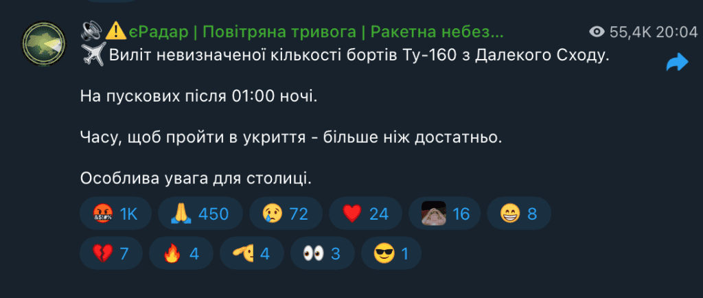 Інформація про ймовірний виліт невизначеної кількості бортів Ту-160 за даними моніторингових каналів